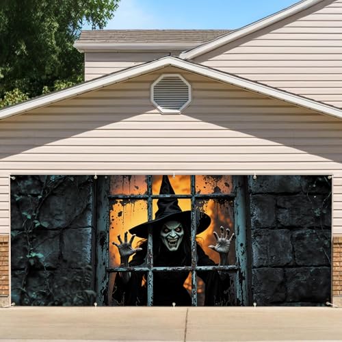 7 * 16FT Halloween Witch Garage Door Cover Decorations Halloween Scary Witch Garage Door Banner for Outdoor Indoor Halloween Decorations Party Photography Backdrop - color: witch, size: 7*16 ft