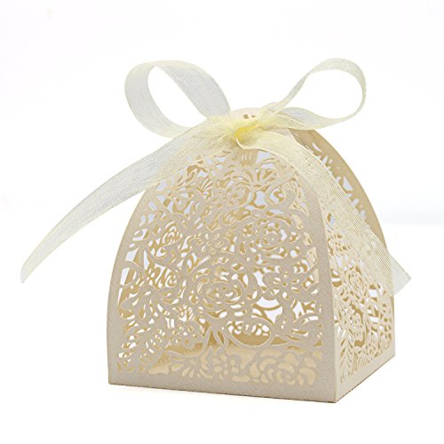 KPOSIYA Pack of 70 Laser Cut Rose Candy Boxes, Favor Boxes 2.5"x 2.5"x 3.1", Gift Boxes Bridal Shower Anniverary Birthday Party Wedding Favor (Beige) - color: Beige, size: 1 Count (Pack of 70)
