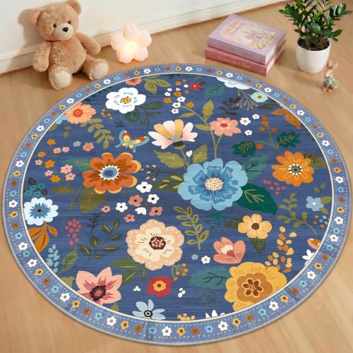 RELEANY Floral Washable Round 4ft Area Rug Blue/Grey - color: Blue/Grey, size: 4' (Round)
