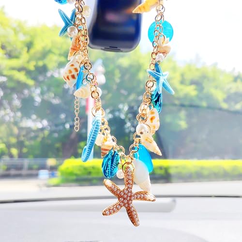 Sea Shell Rear View Mirror Accessories Hanging Charms, Starfish Conch Cute Car Accessories for Women/Men, Car Interior Decor Hanging Ornament, Ideal for Beach Vacation - color: Blue