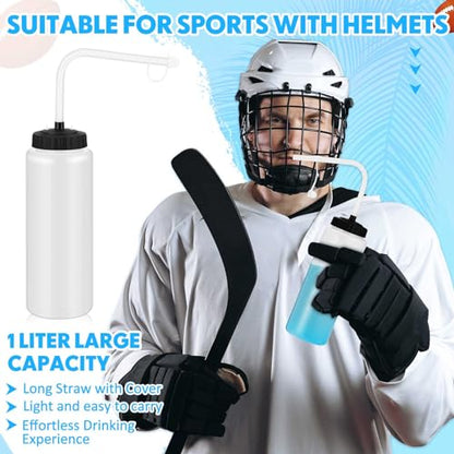 Domensi 2 Pack Large 1l Sports Water Bottle, 12.4" H x 5" W Translucent Easy Squeeze Plastic with Straw, Designed for Use with Football Lacrosse Hockey Helmets(Translucent,No Printed) - color: Translucent, style: No Printed