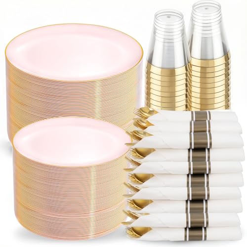 KIRE 350 PCS Pink Disposable Plates - Plastic Dinnerware Set for Wedding - color: 350PCS - Pink and Gold