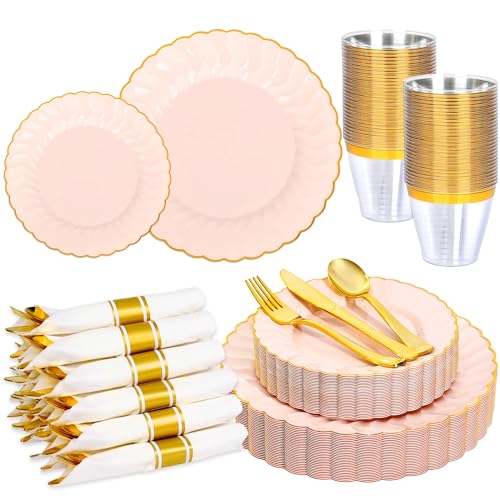 210 Pcs Pink Scalloped Plastic Dinnerware for 30 Guests,Pink Gold Scalloped Disposable Plastic Plates Including 30 Dinner&Dessert Plates,Cups,Plastic Silverware for Party,Birthday,Wedding - color: Pink Ivory, size: 30 Guests