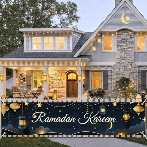 BlissYard Ramadan Kareem Banner 78 x 17 Inch Islamic Holiday Wall Backdrop Moon Star Design for Eid Mubarak Home Porch Fence Party Decor Spiritual Celebration