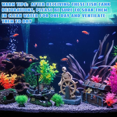Kathfly 15 Pcs Large Resin Fish Tank Decorations, Aquarium Decor, Pirate Shipwreck, Treasure Chest, Broken Barrel, Pirate Captain Skeleton & Artificial Plants (Popular Style) - style: Classic