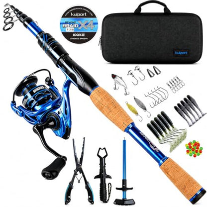 Telescopic Fishing Rod and Reel Combo | 30T Carbon Fiber Spinning Rod with 12+1BB Reel | Portable Lightweight Pole | Bass Trout Panfish | Freshwater Saltwater - color: Bule Combo with Tools