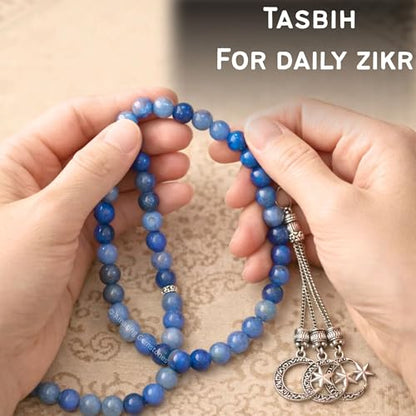 Amazing Gemstone Blue Aventurine Tasbeeh with Moon and Star Charm - Certified Crystal Muslim Prayer Beads Natural Gemstone Tasbih Gift for Ramadan Dhikr and Daily Namaz (S) - color: Blue Aventurine