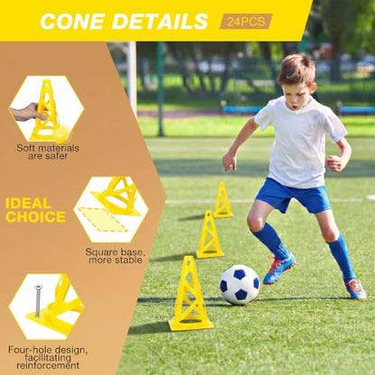 24 Pack Soccer Cones, 9 Inch Agility Cones for Soccer, Football, Basketball, Cones for Sports Training, Speed & Agility Drills, Field Marking Equipment - color: yellow