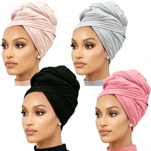 Nonbongoy Head Wraps for Black Women 71"x32" Long Soft Jersey Hijab Turban - color: 4-black&light Grey&pink&apricot