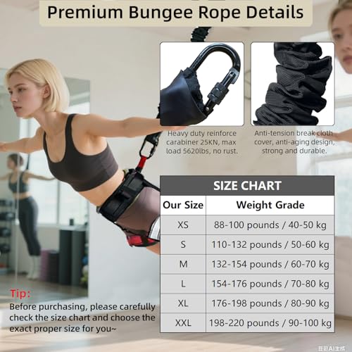 Bungee Fitness Set,CE Certified 6 Sizes(88-220 lbs)Bungee Cord Kit | 3.3ft/1M Elastic Bungee Rope w/1377 lbs MBL+Adjustable Harness+Rigging Hardware,Anti-Gravity Workout Kit for 88-220 lbs Uers - size: XXL 198-220 lbs