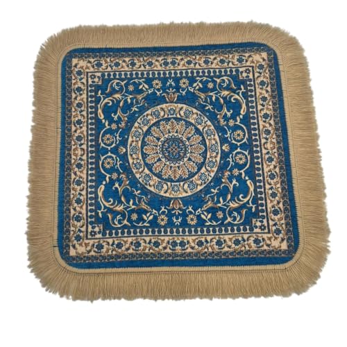 Soft Chenille Prayer Mat | 2x2 Feet Traditional Mandala Floral Pooja Aasan with Golden Fringes | Multipurpose Square Rug for Meditation, Yoga, Puja Room & Home (Pack of 2, Turquoise) - color: Turquoise, size: 2x2 Feet