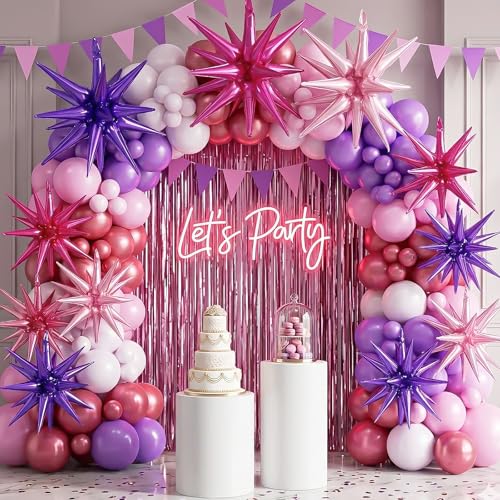 9Pcs Pink Purple Star Balloons, Explosion Spike Foil Balloons Party Decor - color: Dark Purple + Light Pink + Hot Pink