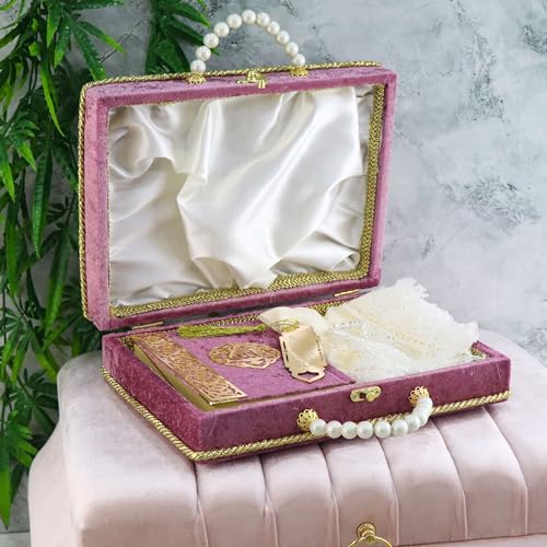 Modefa Islamic Luxury Pearl Islamic Gift Set - Holy Quran in Arabic - Velvet Box with Quran, Hijab, Tesbih, & Bookmark (Light Raspberry) - color: Light Raspberry