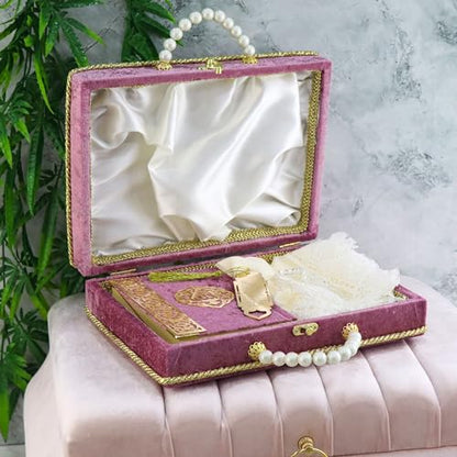 Modefa Islamic Luxury Pearl Islamic Gift Set - Holy Quran in Arabic - Velvet Box with Quran, Hijab, Tesbih, & Bookmark (Light Raspberry) - color: Light Raspberry