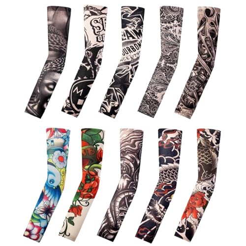 Tattoo Sleeves for Men Women Sun Protection UV Compression Arm Sleeves Breathable Skin Cover for Outdoor Sports - color: 003-10pc