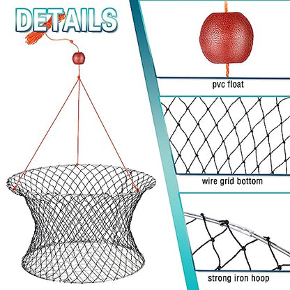 Windyun 2 Sets Crab Trap Bait Wire Grid Bottom Crab Nets Foldable Fishing Net Hand Casting Cage with Harness and Bait Clip - color: Black