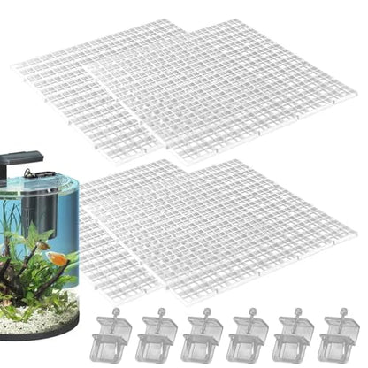 Aquarium Lid 4Pcs 12x12 Gridding Fish Tank Lid Anti-Jump Cat-Proof Aquarium Hood with 6 Clamp Breathable Cuttable Nonopaque Fish Tank Cover