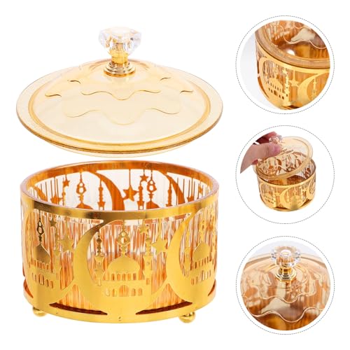 Uonlytech Eid Mubarak Candy Tray Decorative Box Gold Metal Treat Container for Ramadan Party Table Snack Storage