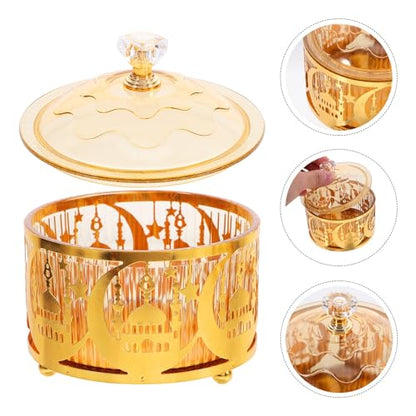 Uonlytech Eid Mubarak Candy Tray Decorative Box Gold Metal Treat Container for Ramadan Party Table Snack Storage