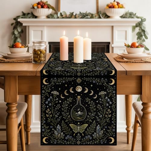 Whimsical Lunar Table Runner Butterfly Floral Moonphases Quartzcrystals Black 13x36 Inches Long Cotton Linen Table Runner Burlap Style for Dinner Table Party Decor Tabletop Decorations - size: 13" x 36"