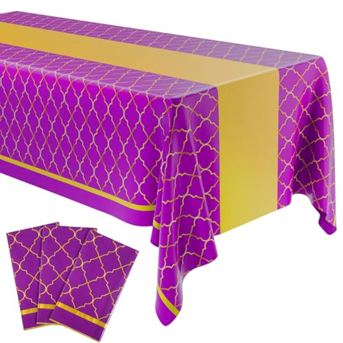 Oudain Ramadan Mubarak Tablecloths 54 x 108 Inch Purple Gold Eid Decorations Arabian Theme Large Plastic Ramadan Table Cover for Carnival Islamic Party(3 Pack)