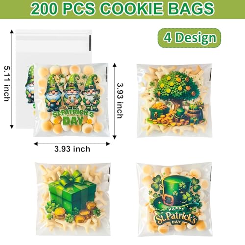 ZYLOP Self-Sealing St Patricks Cellophane Goodie Bags - 4x4 Inch 200 PCS Plastic Self-Adhesive St Patricks Cookie Candy Treat Bags for Gifts Giving Shamrock Bags Holiday Candy Bags Wrap, 4 Style - color: St. Patricks 200pcs