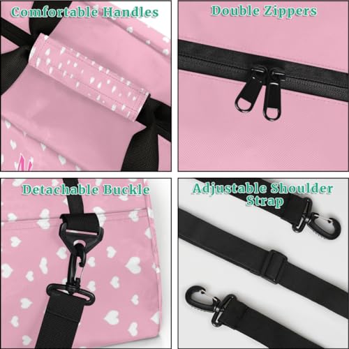 Personalized Dance Duffle Bag for Women Girls, Custom Duffel Bag Toddler Workout Gym Bag, Pink Ballet Shoes with White Love Hearts Pattern, Pink Background - color: Color27