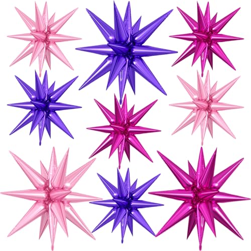 9Pcs Pink Purple Star Balloons, Explosion Spike Foil Balloons Party Decor - color: Dark Purple + Light Pink + Hot Pink