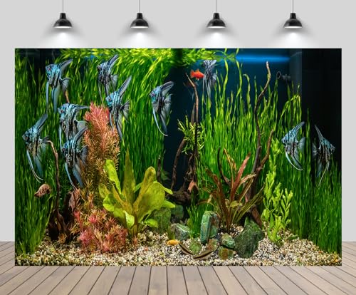 10x8ft Fish Tank Backdrop Aquarium Underwater Grass Leaves Aquatic Plant River Stone Bed Lake Fish Background Diving Holiday Fishing Party Decoration Photo Props Wallpaper - size: 10x8FT