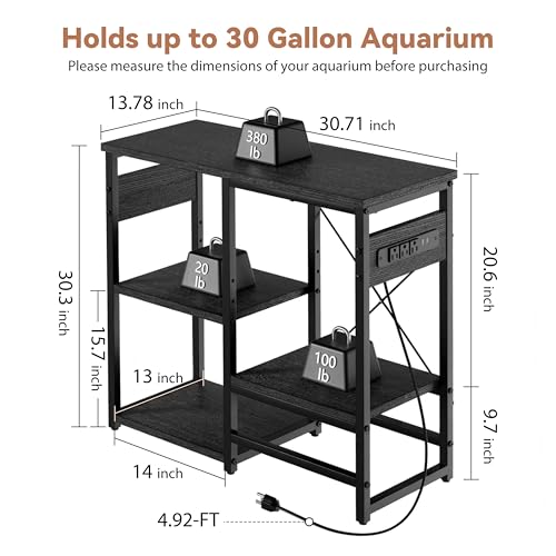 GRLEAF 20-30 Gallon Fish Tank Stand with Power Outlets, 4 Tier Metal Aquarium Stand with Wood Storage Shelves, 30.7" L x 13.8" W x 30.3" H Turtle Reptile Fish Tank Table Aquarium Table - Black - size: 20-30 Gallon