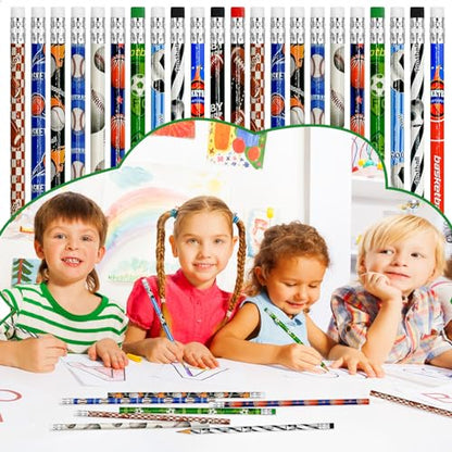 Cinrobiye 96 Pcs Sports Pencils Bulk, Basketball Football Baseball Scoeer Wood Pencils with Erasers Sports for School Prizes Classroom Exchange Gifts Party Favors Supplies, Stationary Gifts - style: Sports