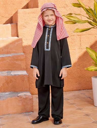 OBEEII Toddler Baby Boy Muslim Thobe Long Sleeve Thobe Robe + Pants + Shemagh Keffiyeh 3PCS Saudi Ramadan Outfit Abaya 12M-5Y - color: Black(3pcs), size: 2-3T
