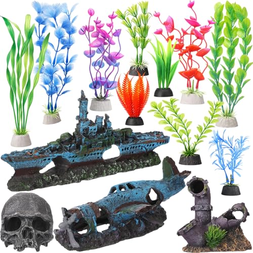 Kathfly 15 Pcs Aquarium Decoration Set, Resin Aquarium Accessories, Including a Battleship, a Broken Airplane, a Four-Way Water Pipe, a Black Skull, and Artificial Aquatic Plants(Trendy Style) - style: Trendy Style