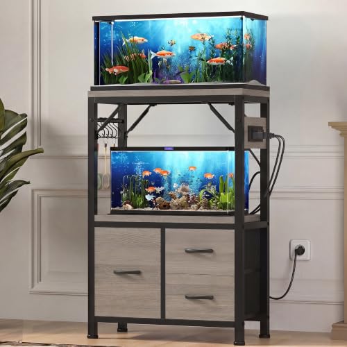 Heybly 5-10 Gallon Fish Tank Stand, Aquarium Stand with Drawer, Power Outlet, Heavy Duty Metal Frame, for Fish Tank, Turtle & Reptile Terrarium, 20.5" × 10.2" Top, 200lbs, Rustic Gray HAS002SSG-1 - color: Greige, size: 5-10 gal