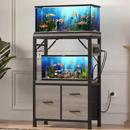 Heybly 5-10 Gallon Fish Tank Stand, Aquarium Stand with Drawer, Power Outlet, Heavy Duty Metal Frame, for Fish Tank, Turtle & Reptile Terrarium, 20.5" × 10.2" Top, 200lbs, Rustic Gray HAS002SSG-1 - color: Greige, size: 5-10 gal