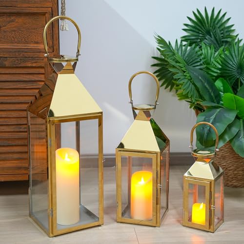 Elegant Candle Lantern Set- 3 Sizes (26", 19", 13" H) - Tempered Glass Panel Stainless Steel Candle Holders for Versatile Indoor & Outdoor Decorating - Perfect for Celebrations(Gold) - color: Gold