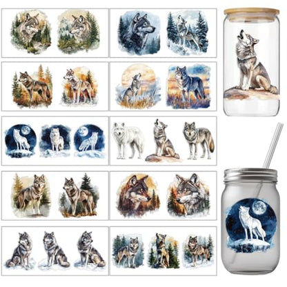 arricraft 10 Pcs Colorful Wolf Small Pattern Cup Printing UV Transfer Papers, 10 Styles Forests Lawns Snowy Mountains UV DTF Cup Wrap Stickers for 16 OZ Glass Cups Crafts 9.5x4.3inch - style: Colorful Wolf Theme
