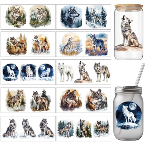 arricraft 10 Pcs Colorful Wolf Small Pattern Cup Printing UV Transfer Papers, 10 Styles Forests Lawns Snowy Mountains UV DTF Cup Wrap Stickers for 16 OZ Glass Cups Crafts 9.5x4.3inch - style: Colorful Wolf Theme