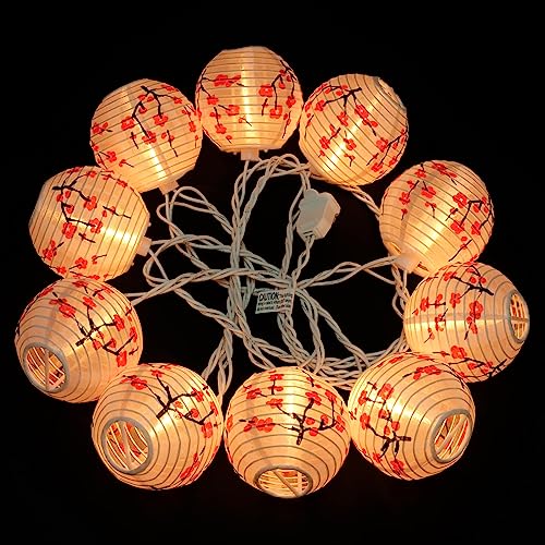 HOSY 10-Pack Plum Blossom 3-in Lanterns, 11 ft White Wire UL String Lights | Self-assembly Required, Nylon Fabric, 3-in Diameter, 12-in Spacing, End-to-end Connectable, UL Certified - color: Plum Blossom