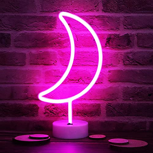 LED Neon Moon Lights, Moon Shape Neon Signs Crescent Night Lights Battery Operated Desk Table Lamp for Bedroom, Bar, Wall Decor-Holder Base(Pink) - color: Moon with Holder Base(Pink)