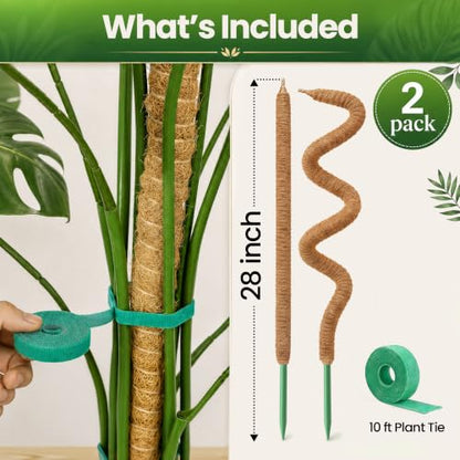 K-Brands 2pcs 28" Moss Pole Monstera Plant Support - Plant Stakes Indoor | Bendable Moss Poles for Climbing Plants, Coco Coir Pole Sticks, Monstera Trellis - size: 2-Pack (28 in)