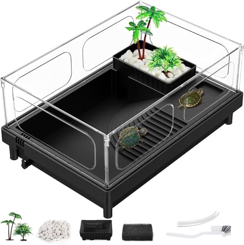 MoonOrange Small Turtle Tank, Aquarium, Acrylic Terrarium with Basking Platform, Bottom Drainage, Multi-Function Areas for Turtles, Crabs, Crayfish, Reptiles.(Black) - color: Black