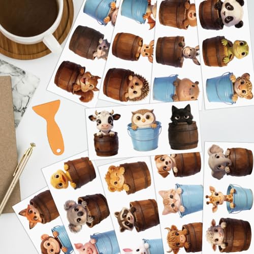 arricraft 10 Pcs Animal Buckets Theme PVC Cup Transfer Stickers, Animal in Iron Wooden Buckets UV Waterproof Cup Sticker for 16 oz Glasses Window Home Printing Decoration 24x11cm - style: Animal Buckets Theme