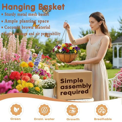 14 inch Metal Hanging Baskets For Plants Outdoor 4 Pack Round Metal Wire Hanging Basket Planter with Coco Fiber Liners Chain Round Wire Plant Holder for Garden, Patio, Deck, Porch Plants Flower Potss - size: 14 Inch, style: Watermelon