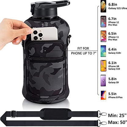 Fimibuke Half Gallon Water Bottle with Sleeve 64 OZ Water Bottle with Handle & Straw Leakproof Motivational Sports Gym Water Bottle with Time Marker BPA Free Water Jug with Reusable Neoprene Holder - color: Black, Grey