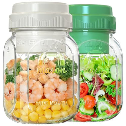 [UPGRADE] 2 Pack Salad Jars with Silicone Dressing Cup, 32 Oz Salad Container for Lunch Meal Prep w Foldable Fork, Separation Divider for Dry Food & Wet Sauce, Salad Pod On The Go for Overnight Oats