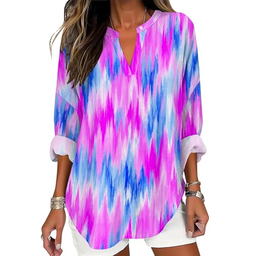 Tie Dye Style Shirt for Women V Neck Long Sleeve Blouse Cute Printed Casual Loose Fit Summer Beach Tunic Tops - color: Style14, size: Medium