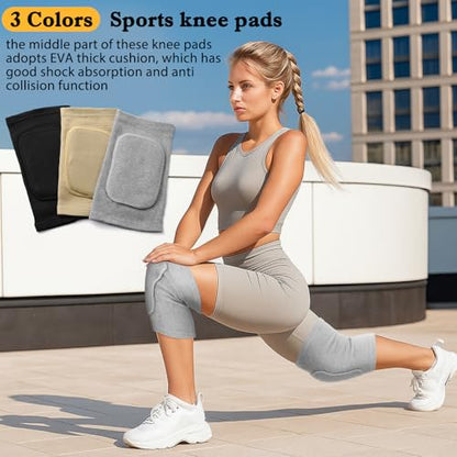 Eurzom 3 Pairs Dance Knee Pads Women Protective Non-Slip Knee Pads for Yoga Cheerleading Pole Floor Dance Volleyball - color: black, gray, skin color