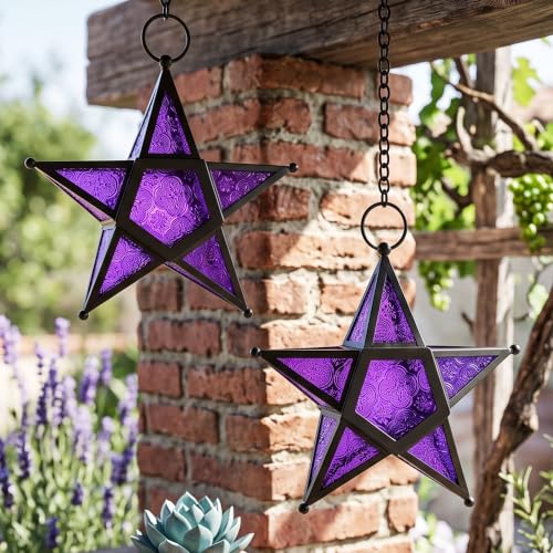 VELA LANTERNS Set of 2 Decorative Hanging Star Candle Lanterns – Moroccan Style Purple Glass & Metal Tealight Holders for Indoor, Outdoor, Patio, and Home Decor - color: Purple