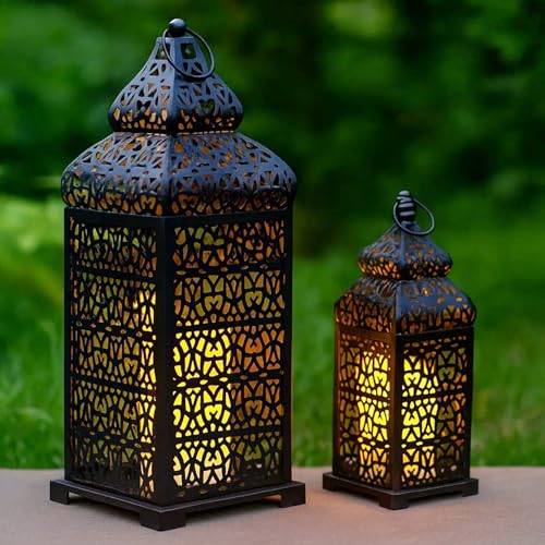 Vela Lanterns Decorative Indoor Moroccan Candle Holders, Black, Set of 2 | Halloween & Ramadan Decorations for Home, Eid Islamic Decor, Metal Hanging Outdoor Table Lamp, 11" & 15" Tall - color: Black, size: 11" and 15"